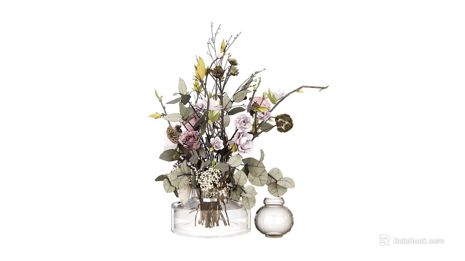 Natural Glass Vase With Pink White Blooms Green Leaves And Branches 3d model 