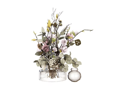 Natural Glass Vase With Pink White Blooms Green Leaves And Branches 3d model