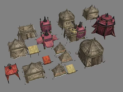 Various Stylish Tents Featuring Unique Designs and Colorful Fabric Canopies 3d model