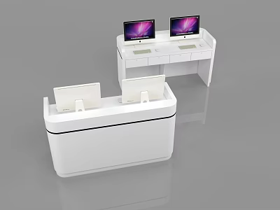 Modern White Curved Reception Desk With Desktop Monitors And Sleek Design 3d model