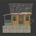 Wooden Residential House With Gray Roof Green Stairs Orange Decorations And Stone Base