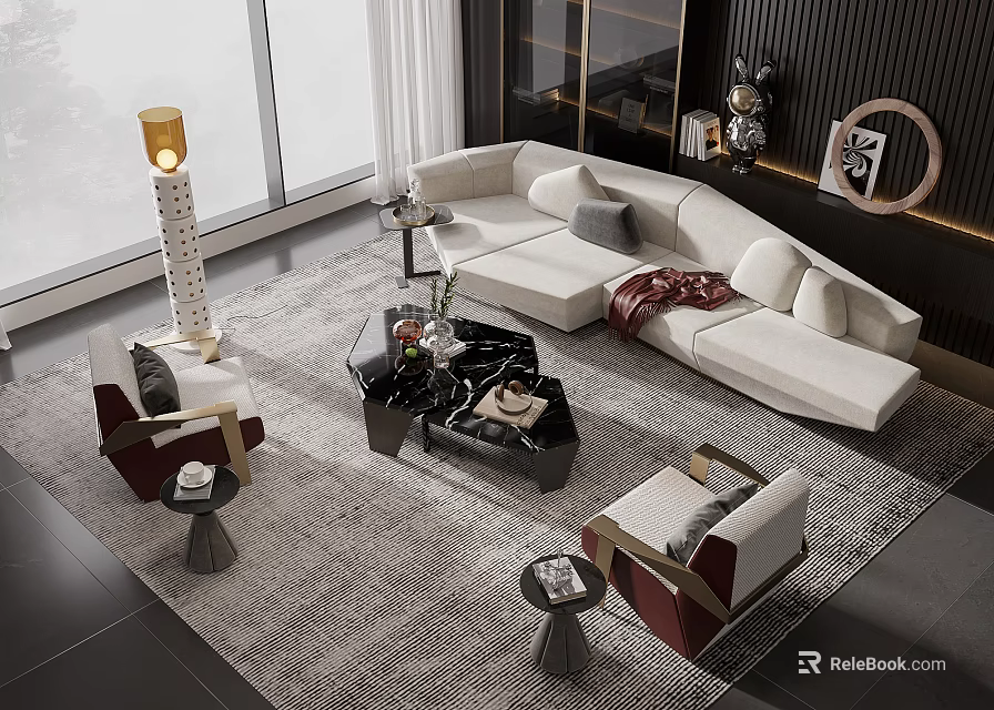 Modern Living Room Interior With Cream L-shaped Sofa Coffee Table Set Armchairs And Gray Rug 3d model 