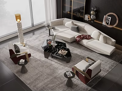 Modern Living Room Interior With Cream L-shaped Sofa Coffee Table Set Armchairs And Gray Rug 3d model