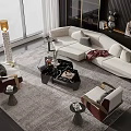 Modern Living Room Interior With Cream L-shaped Sofa Coffee Table Set Armchairs And Gray Rug