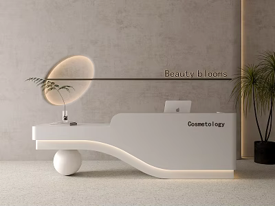 Modern White Curved Reception Desk Design For Beauty Salon With Green Plants 3d model
