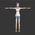 Anime Style 3D Female Character With Purple Hair White Tank Top Blue Denim Shorts And Brown Sandals