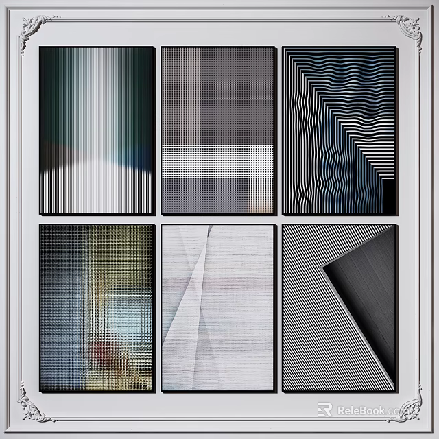 Six Abstract Artworks With Different Geometric Patterns And Textures In Grid 3d model