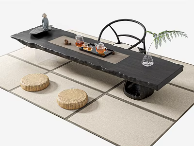 Elegant Dark Wood Tea Table Set With Curved Chair Woven Cushions And Tea Decor 3d model