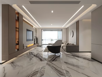 Modern Living Dining Room Interior Design With Marble Floor Sofa TV Fireplace And Large Window 3d model