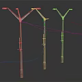 Three Rustic Utility Poles With Overhead Wires And Street Lamp Fixtures
