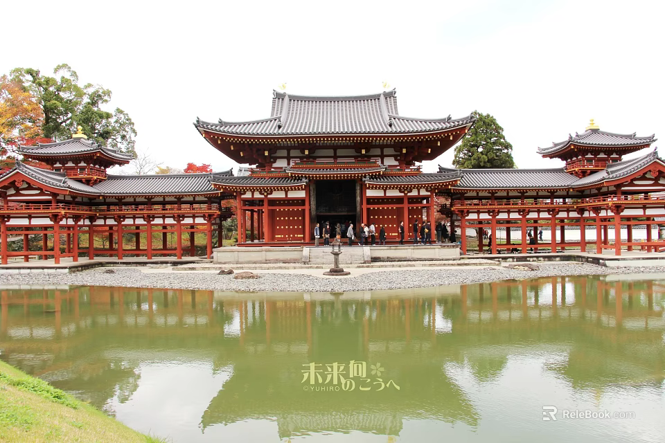 Ancient Traditional Red Wooden Building With Black Tiled Roof And Pond Reflection 3d model 