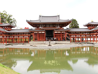 Ancient Traditional Red Wooden Building With Black Tiled Roof And Pond Reflection 3d model