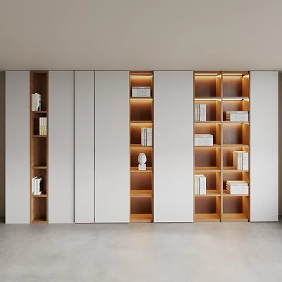 Modern Bookcase With White Panel Doors And Wooden Interior Shelves Holding Books And Decorative Items 3d model