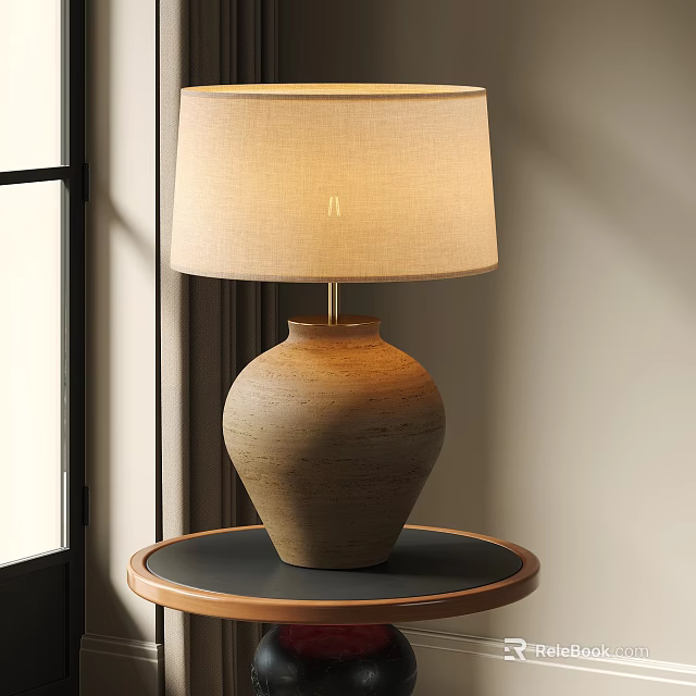 Warm Light Terracotta Table Lamp With Beige Linen Shade On Round Table By Window Frame 3d model 