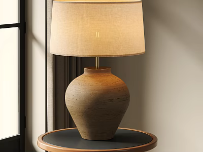 Warm Light Terracotta Table Lamp With Beige Linen Shade On Round Table By Window Frame 3d model