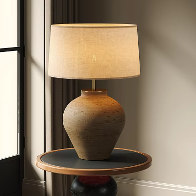 Warm Light Terracotta Table Lamp With Beige Linen Shade On Round Table By Window Frame 3d model