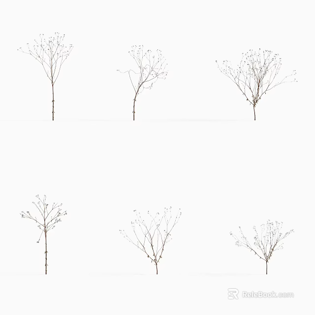 Six Slender Branches With Small Leaves And Buds Arranged Two Rows Three Columns White Background 3d model 
