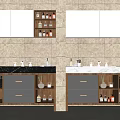 Double Bathroom Vanity With Marble Countertop Beige Tiled Wall Mirror And Open Shelves Holding Toiletries
