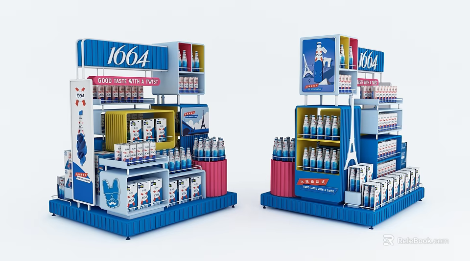 Supermarket Beverage Display Shelf Featuring 1664 Beer Bottles And Retail Stand Design 3d model 