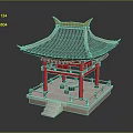 Traditional Chinese Pavilion With Red Pillars Black Tiled Roof And Stone Benches