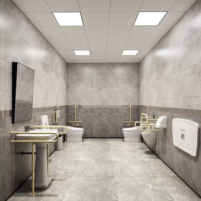 Modern Public Toilet Interior With Gray Tiled Walls Golden Handrails Washbasins Toilets And Mirror 3d model 