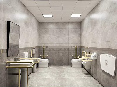 Modern Public Toilet Interior With Gray Tiled Walls Golden Handrails Washbasins Toilets And Mirror 3d model