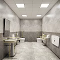 Modern Public Toilet Interior With Gray Tiled Walls Golden Handrails Washbasins Toilets And Mirror