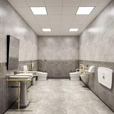 Modern Public Toilet Interior With Gray Tiled Walls Golden Handrails Washbasins Toilets And Mirror 3d model