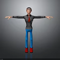 3D Cartoon Character Standing With Arms Outstretched Gray Sweater Red Tie Blue Pants Red Shoes