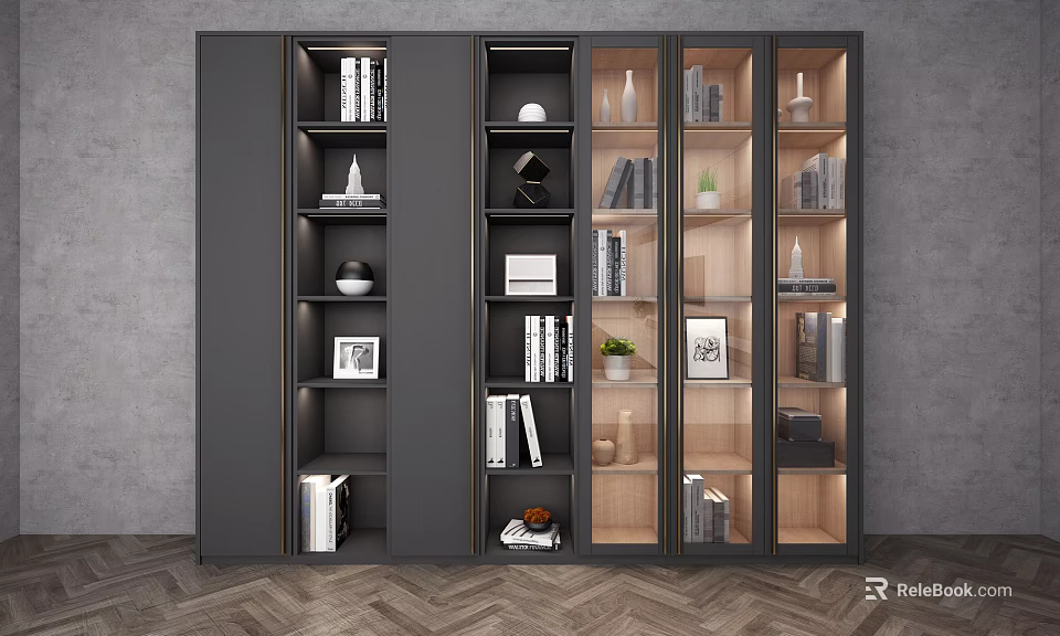 Modern Bookcase Layered Design With Dark Gray Light Wood Glass Doors Books And Decorative Items 3d model 