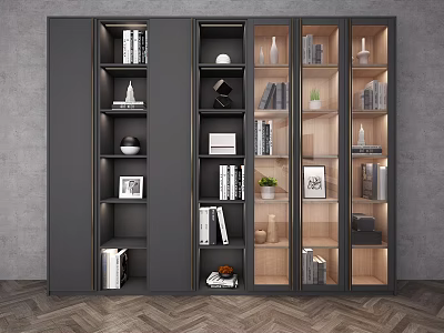 Modern Bookcase Layered Design With Dark Gray Light Wood Glass Doors Books And Decorative Items 3d model