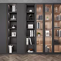 Modern Bookcase Layered Design With Dark Gray Light Wood Glass Doors Books And Decorative Items