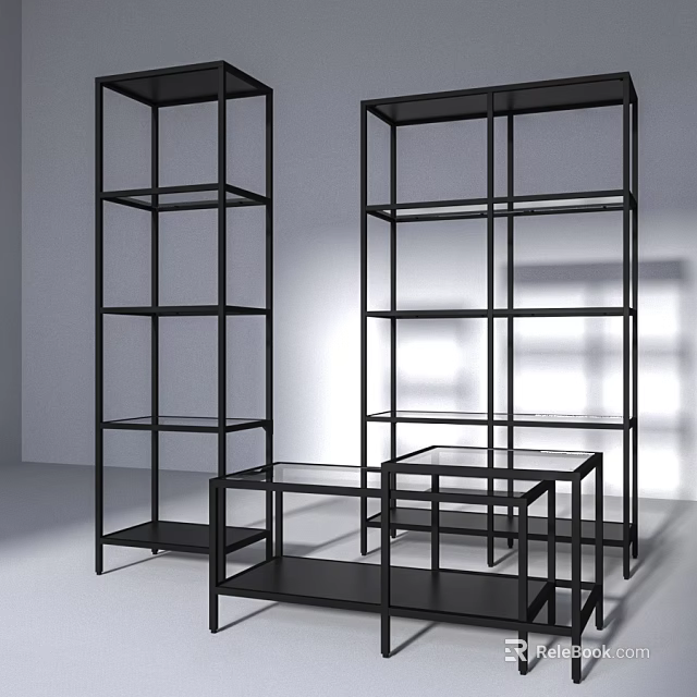 Black Metal Frame Shelving Units with Multiple Shelves for Modern Home Storage 3d model 