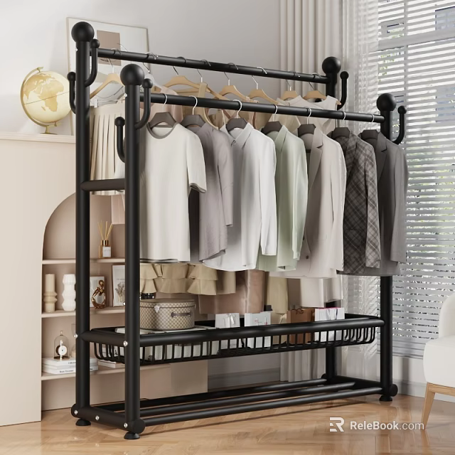 Black Metal Shoe Rack with Hanging T Shirts Shirts and Lower Storage Basket 3d model 