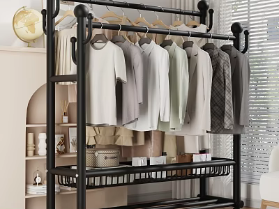 Black Metal Shoe Rack with Hanging T Shirts Shirts and Lower Storage Basket 3d model