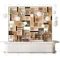 Modern Bar Counter Interior With Wooden Shelves Holding Wine Bottles And Hanging White Pendant Lights