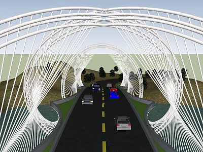 Modern White Arch Bridge with Vehicles Driving and Green Surrounding Landscape 3d model