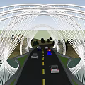 Modern White Arch Bridge with Vehicles Driving and Green Surrounding Landscape