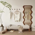 Stylish Entry Bench With Potted Palm Wall Hooks Wavy Mirror And Slippers 3d model