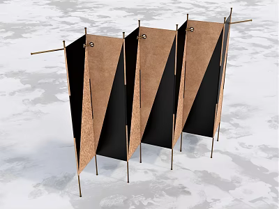 Modern Multi Panel Room Divider in Wooden and Black with Metal Frame 3d model