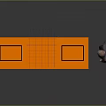 Elderly man in suit standing beside orange grid cabinet with black countertop areas