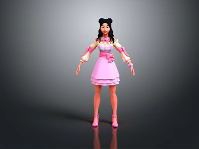 Game Movie Female Character In Pink Dress With Black Twin Ponytails And Pink Shoes 3d model