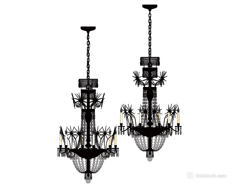 Crystal Chandeliers Hanging With Chains Featuring Decorative Branches And Candle Holders 3d model