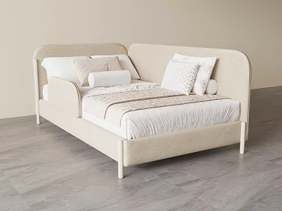 Stylish Light Beige Upholstered Children Bed With Side Safety Rails And Soft Comfortable Bedding 3d model