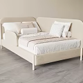 Stylish Light Beige Upholstered Children Bed With Side Safety Rails And Soft Comfortable Bedding