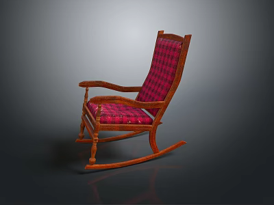 Relaxing Rocking Chair With Wooden Frame And Red Plaid Pattern Cushion 3d model