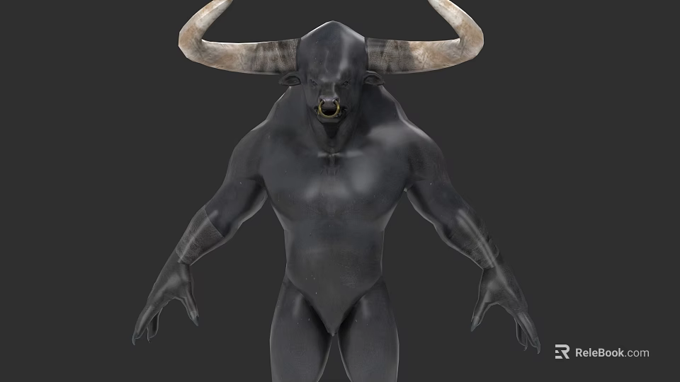 Black Bull Headed Humanoid Creature With Large Horns And Muscular Body 3d model 