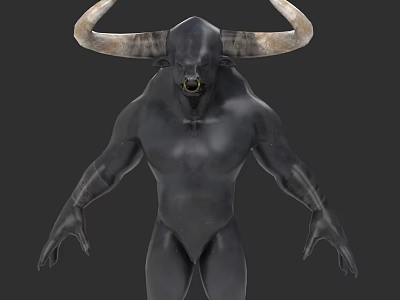 Black Bull Headed Humanoid Creature With Large Horns And Muscular Body 3d model