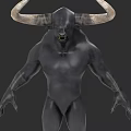 Black Bull Headed Humanoid Creature With Large Horns And Muscular Body