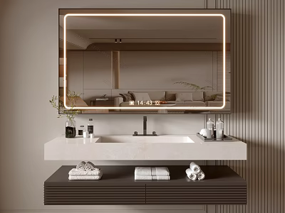 Bathroom Vanity Cabinet With LED Mirror Light White Countertop Faucet Toiletries Dark Cabinet Folded Towels 3d model